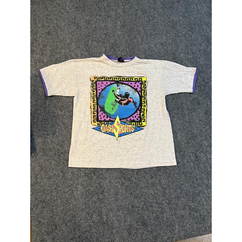Vintage Oasis Sports Shirt Mens Large Gray Surfer Graphic Surf Tee Retro 90s